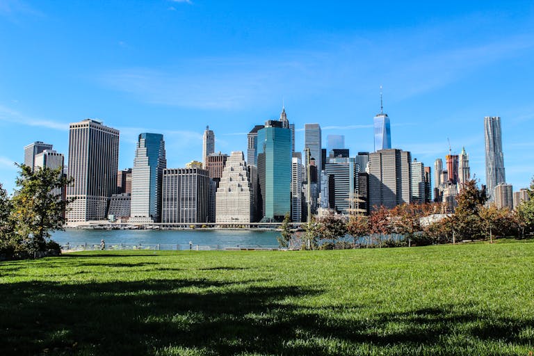 Captivating view of the Manhattan skyline taken from a green park in Brooklyn, New York City.