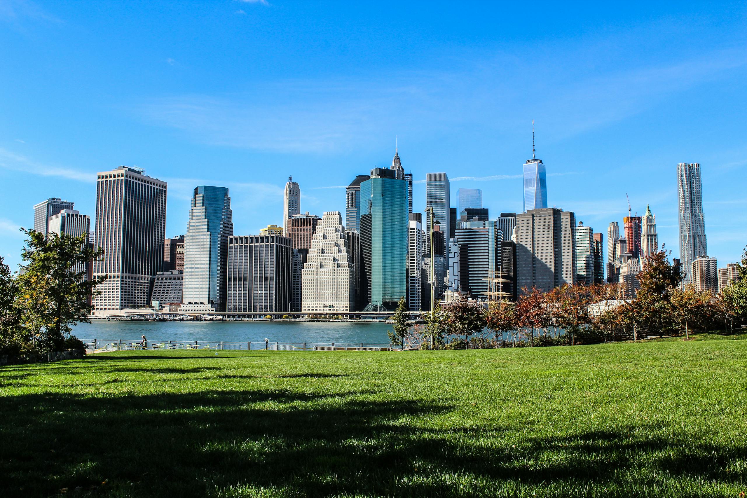 Captivating view of the Manhattan skyline taken from a green park in Brooklyn, New York City.