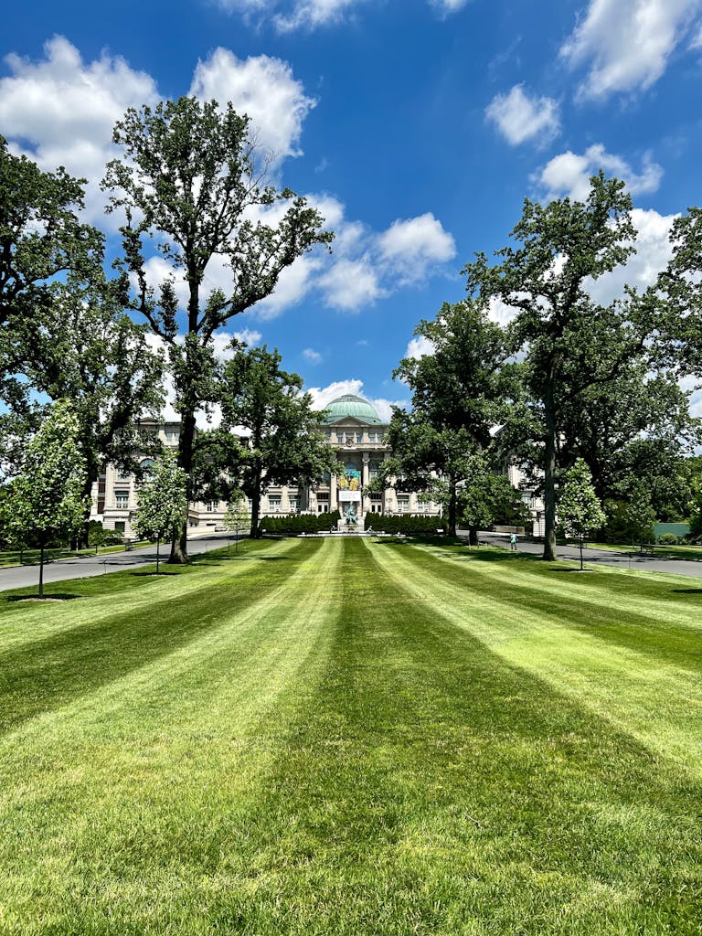 Expansive lawn and lush trees under a bright sky at New York Botanical Garden.